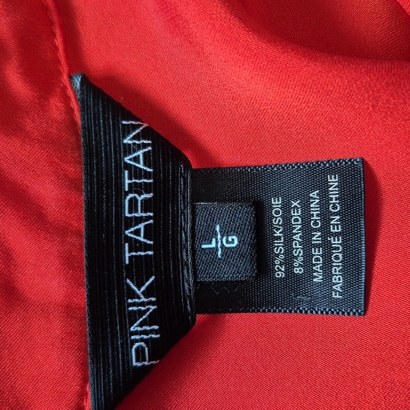 Pink Tartan Red Short Sleeve Stretch Silk T-Shirt Style Blouse Top, Size L - Picture 7 of 7